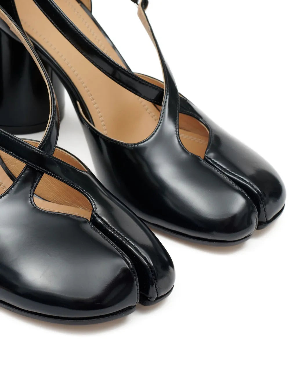 Close up of black heel,showing texture of the leather fabric