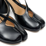 Close up of black heel,showing texture of the leather fabric