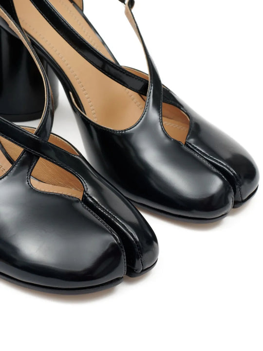 Close up of black heel,showing texture of the leather fabric