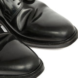 Close up of black shoes, showing texture of the leather fabric