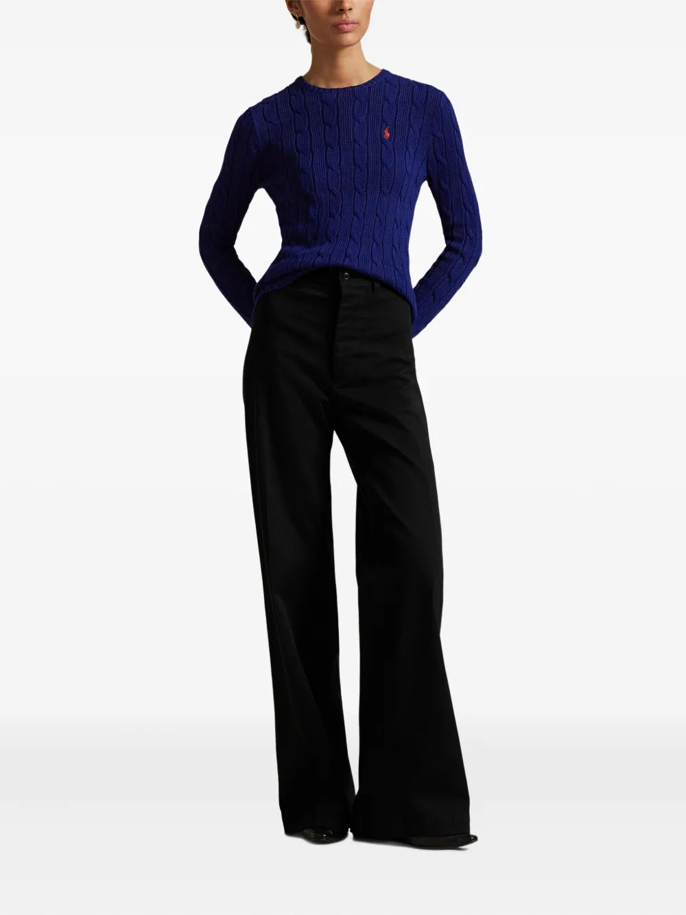 Blue pullover , full body view