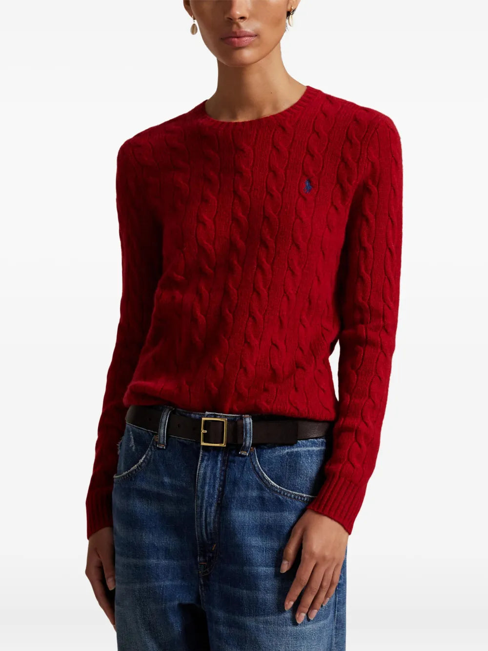 Red pullover,,worn by a person, showing the pullover's fit