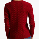 Red pullover,,worn by a person, showing the pullover's fit