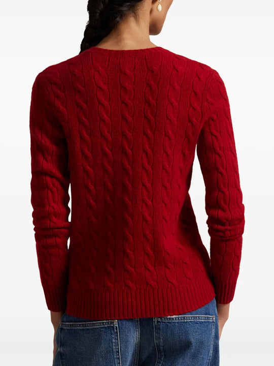 Red pullover,,worn by a person, showing the pullover's fit