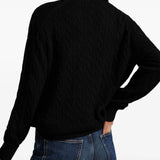 Black sweater worn by a person, showing the sweater's fit