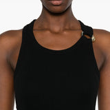Close up of the black top, showing texture of the cotton fabric