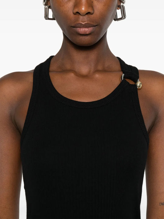 Close up of the black top, showing texture of the cotton fabric