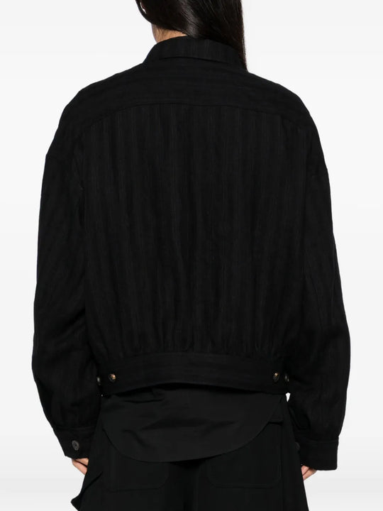 Black jacket worn by a person, showing the jacket's fit