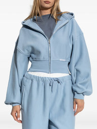 Blue hoodie worn by a person, showing the hoodie fit