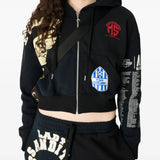 black hoodie worn by a person, showing the hoodie fit