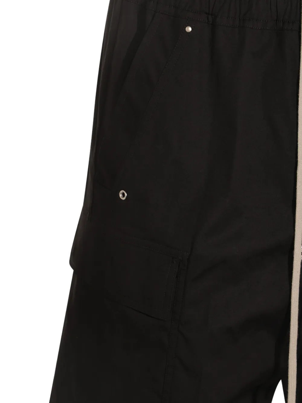 Close up of the black pant, showing texture of the cotton fabric