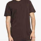 Brown t-shirt worn by a person, showing the shirt's fit
