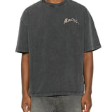 Black t-shirts worn by a person, showing the t-shirts fit