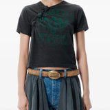 Black t-shirt worn by a person, showing the t-shirt's fit