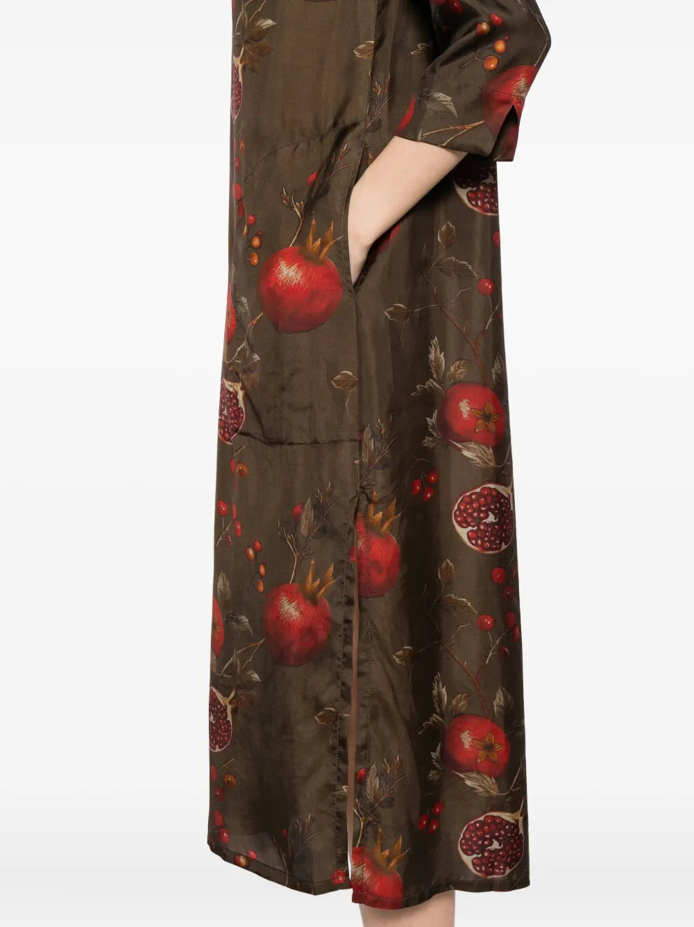 Close up of the brown dress, showing texture of the viscose and cupro fabric