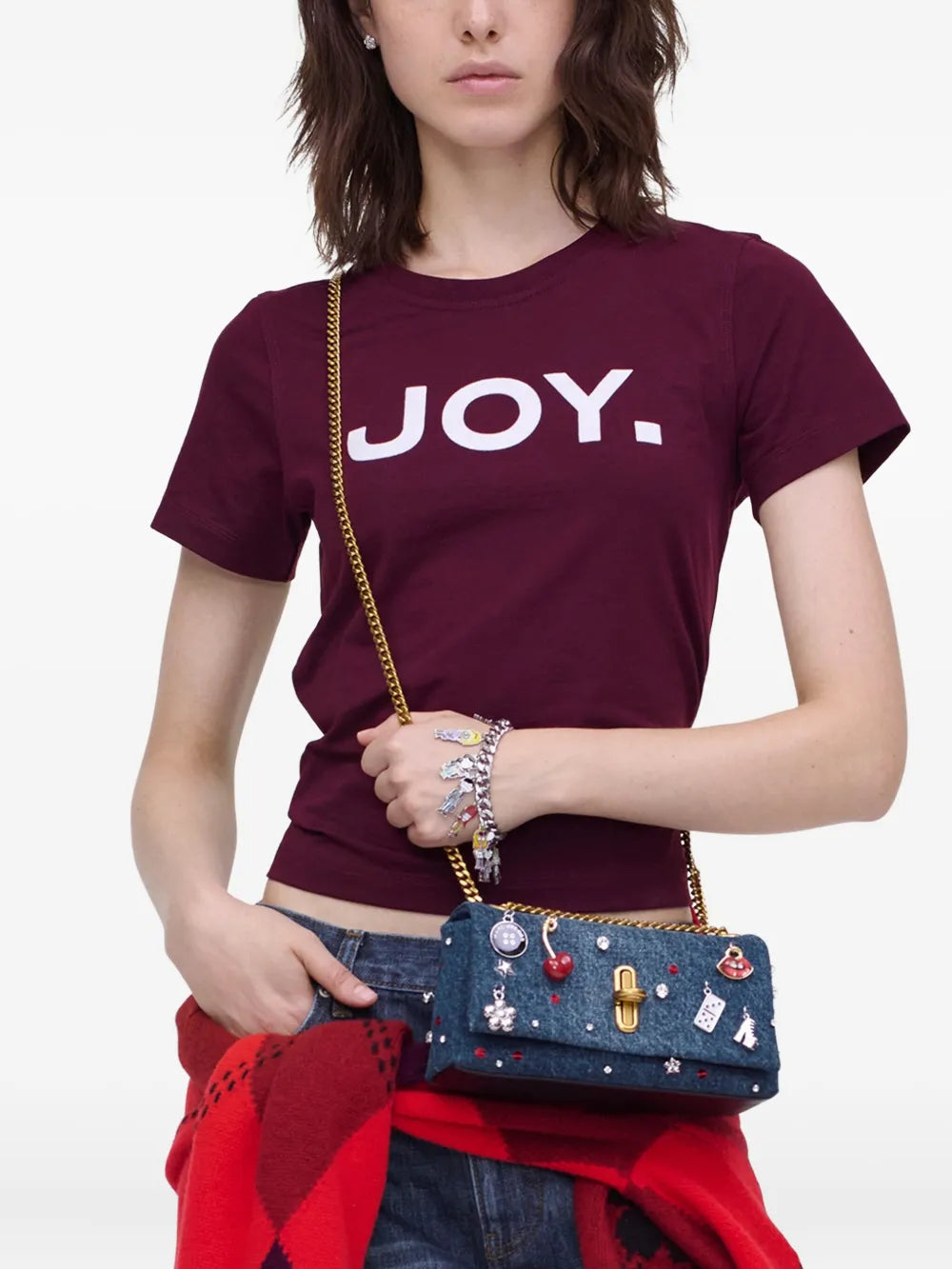 Blue bags worn by a person, showing the bags fit