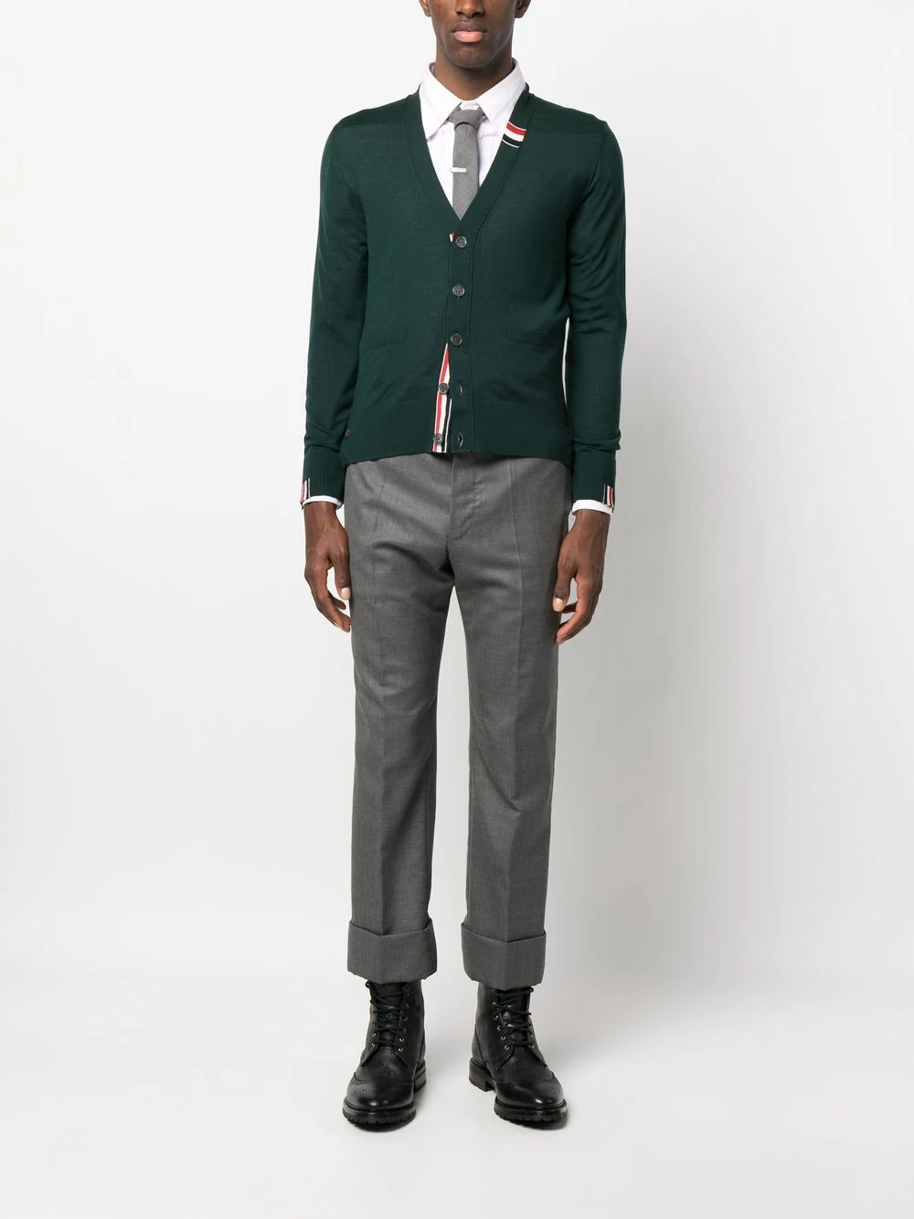 THOM BROWNE Men Jersey Stitch Relaxed Fit V Neck Cardigan in Fine