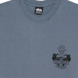 Close up of navy t-shirt, showing texture of knit cotton the fabric