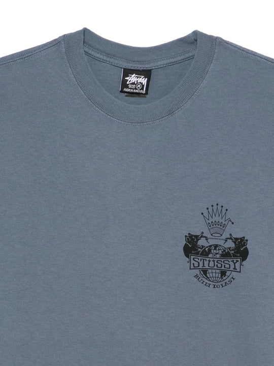 Close up of navy t-shirt, showing texture of knit cotton the fabric