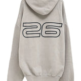 grey hoodie, back view