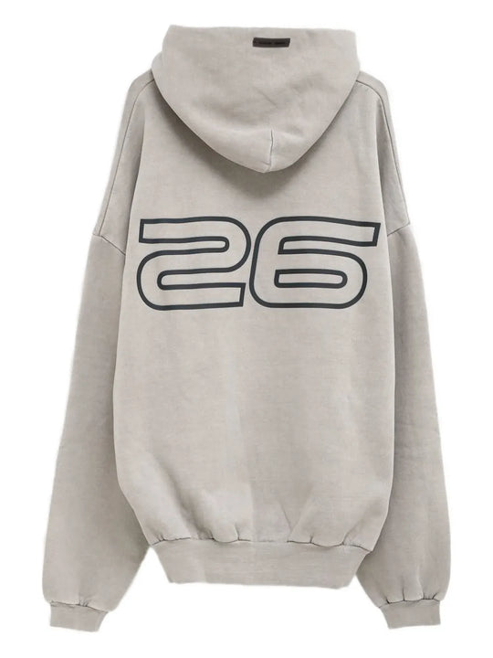 grey hoodie, back view