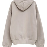 grey hoodie, back view