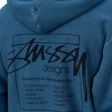 Close up of blue sweats-hoodies, showing texture of the knit cotton fabric