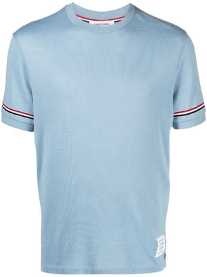 THOM BROWNE - Men Short Sleeve Rib Cuff Tee In Light Weight Cotton Knit W/Rwb Stripe