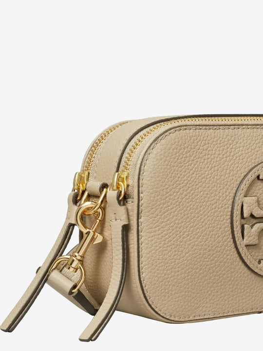 Close up of the tan bag, showing texture of the leather fabric