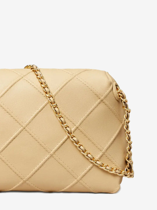 Close up of the tan bag, showing texture of the nappa leather fabric