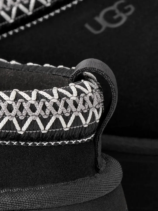 Close-up of a black boot,showing texture of the suede fabric.