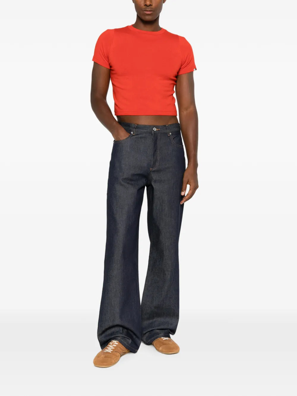 Red top, full body view