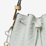 Close up of the grey bag, showing texture of the leather fabric