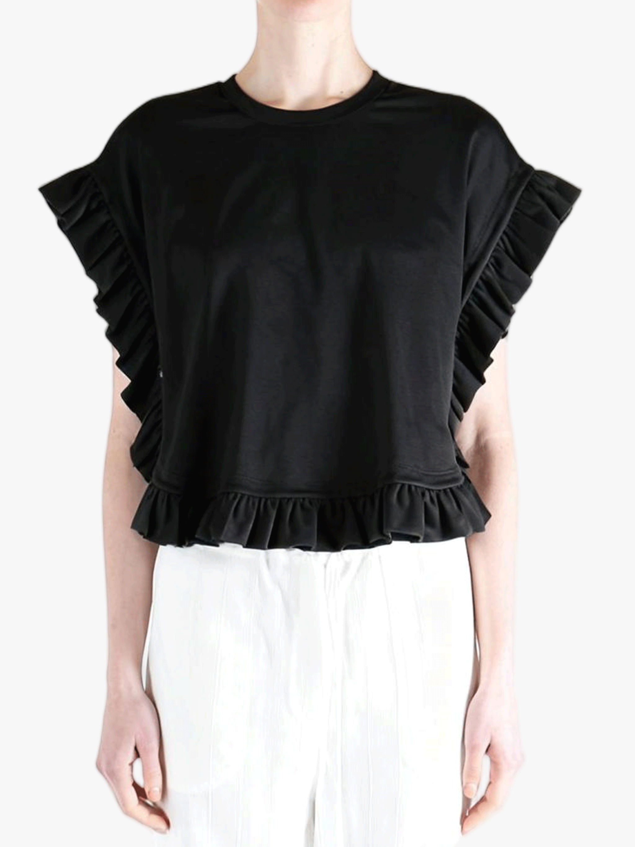 Black t-shirt worn by a person, showing the t-shirt fit