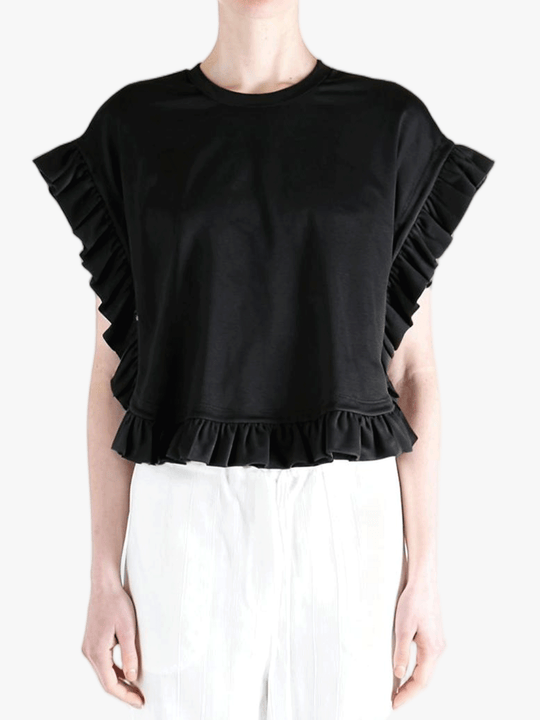 Black t-shirt worn by a person, showing the t-shirt fit