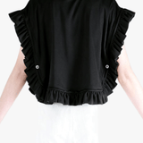 Black t-shirt worn by a person, back view