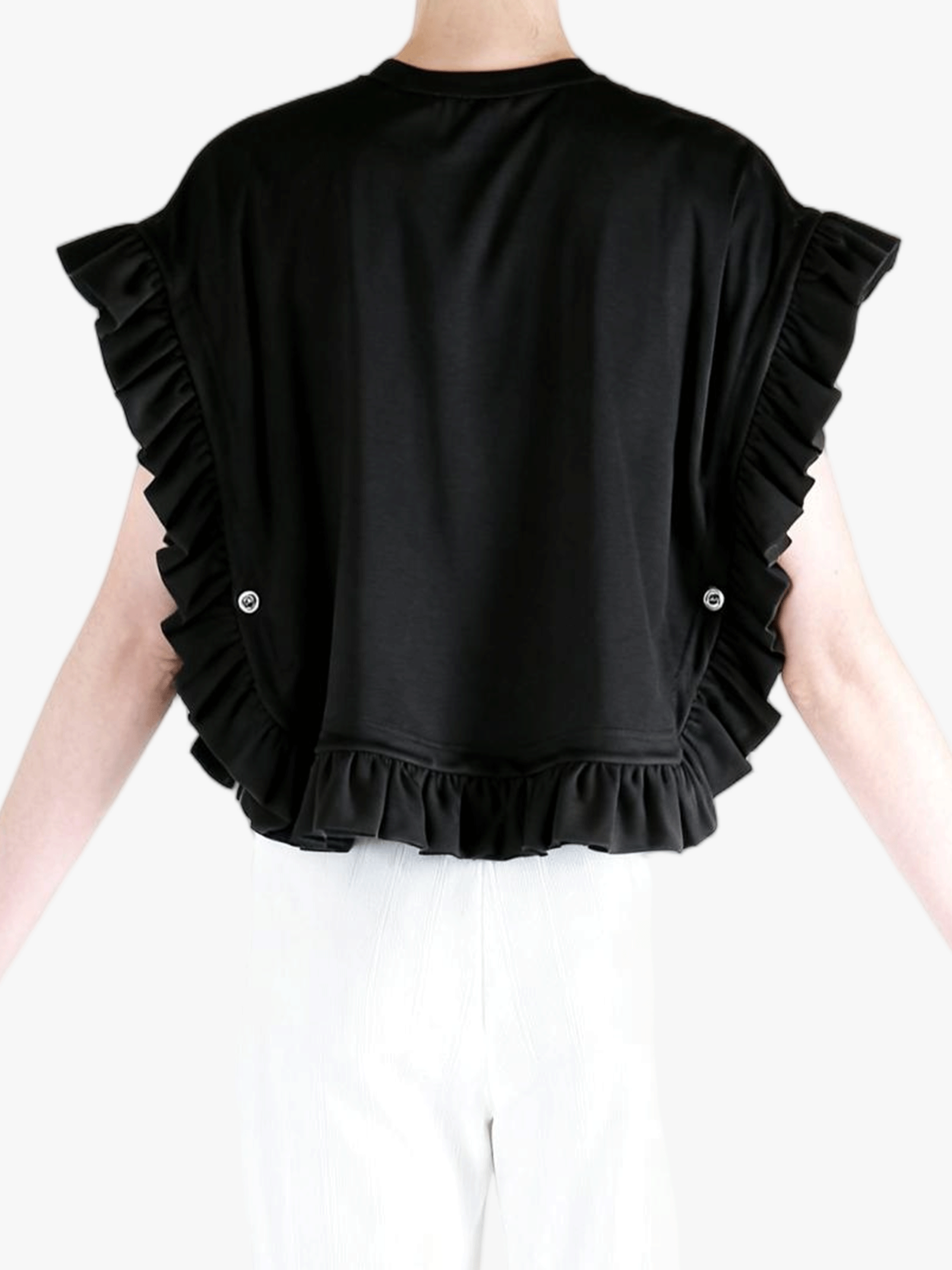 Black t-shirt worn by a person, back view