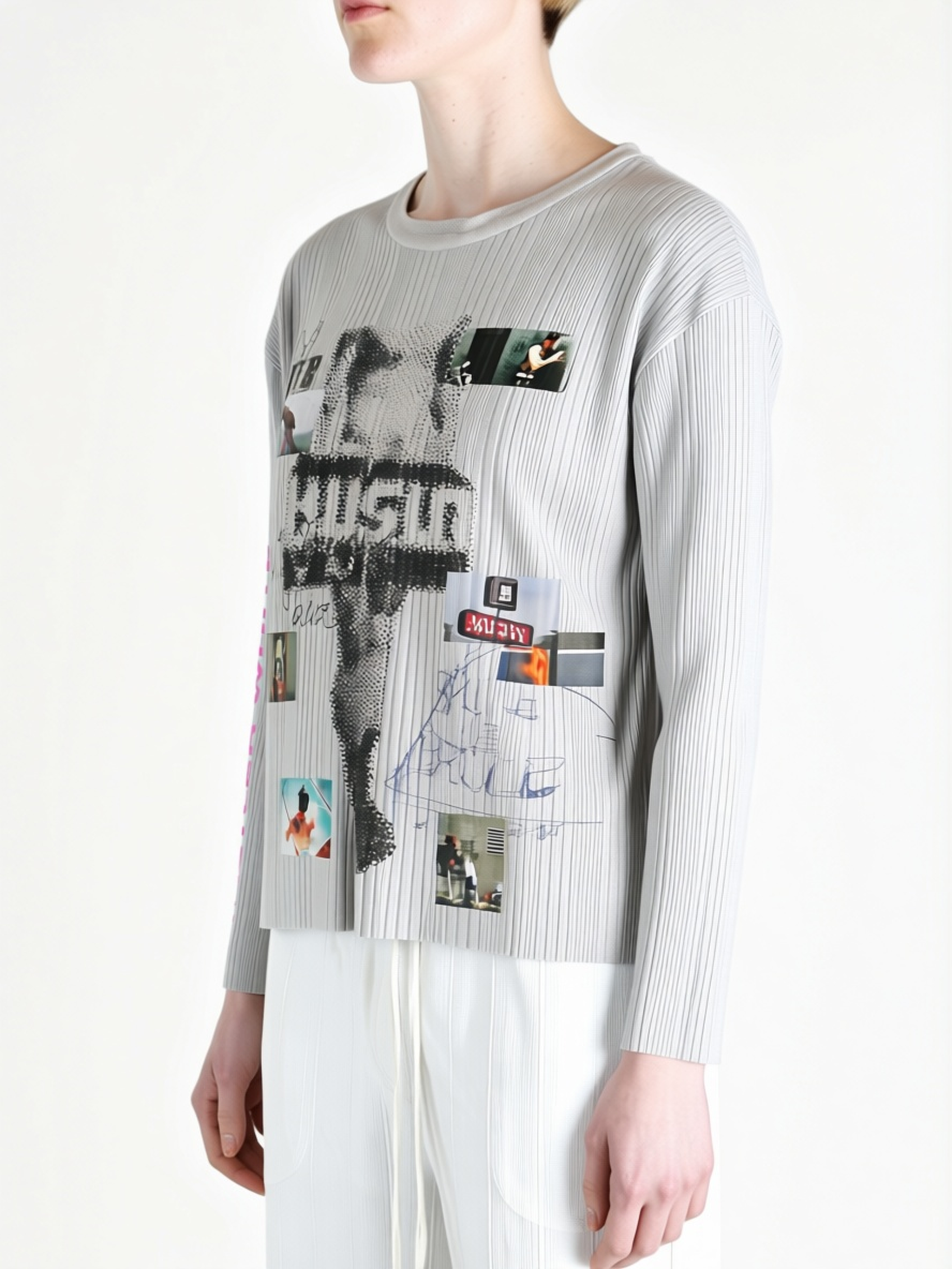 White t-shirt worn by a person, side view