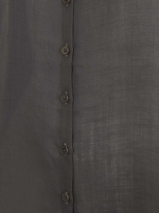 Close up of purple shirt, showing texture of the ramie fabric