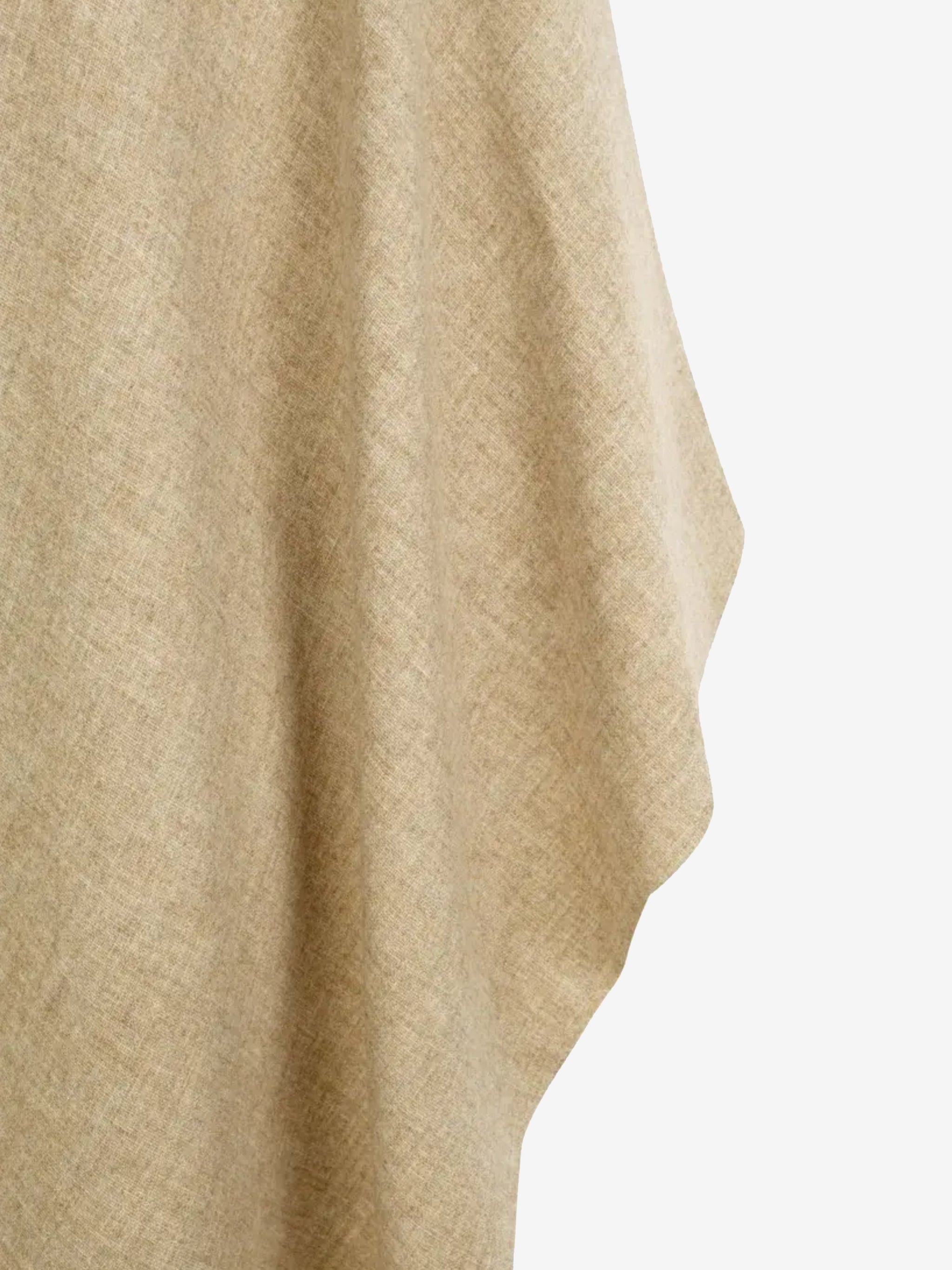 Close up of tan coat, showing texture of the wool fabric