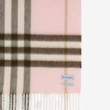 Close up of the pink scarf, showing texture of the cashmere fabric