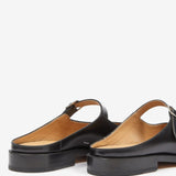 Close up of the black mule, showing texture of the leather fabric