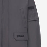 Close up of the grey jacket, showing texture of the polyester and cotton fabric