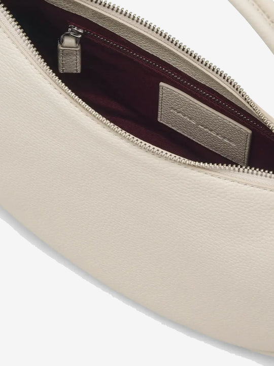Close up of white bag,showing texture of the leather fabric.