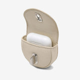 Close up of white bag,showing texture of the leather fabric.