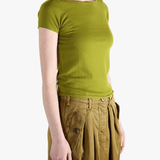 Green t-shirt worn by a person, showing the shirt's fit