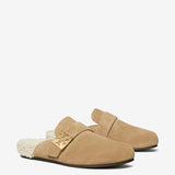 Tan mules, side view