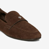 Close up of brown loafer, showing texture of the suede fabric