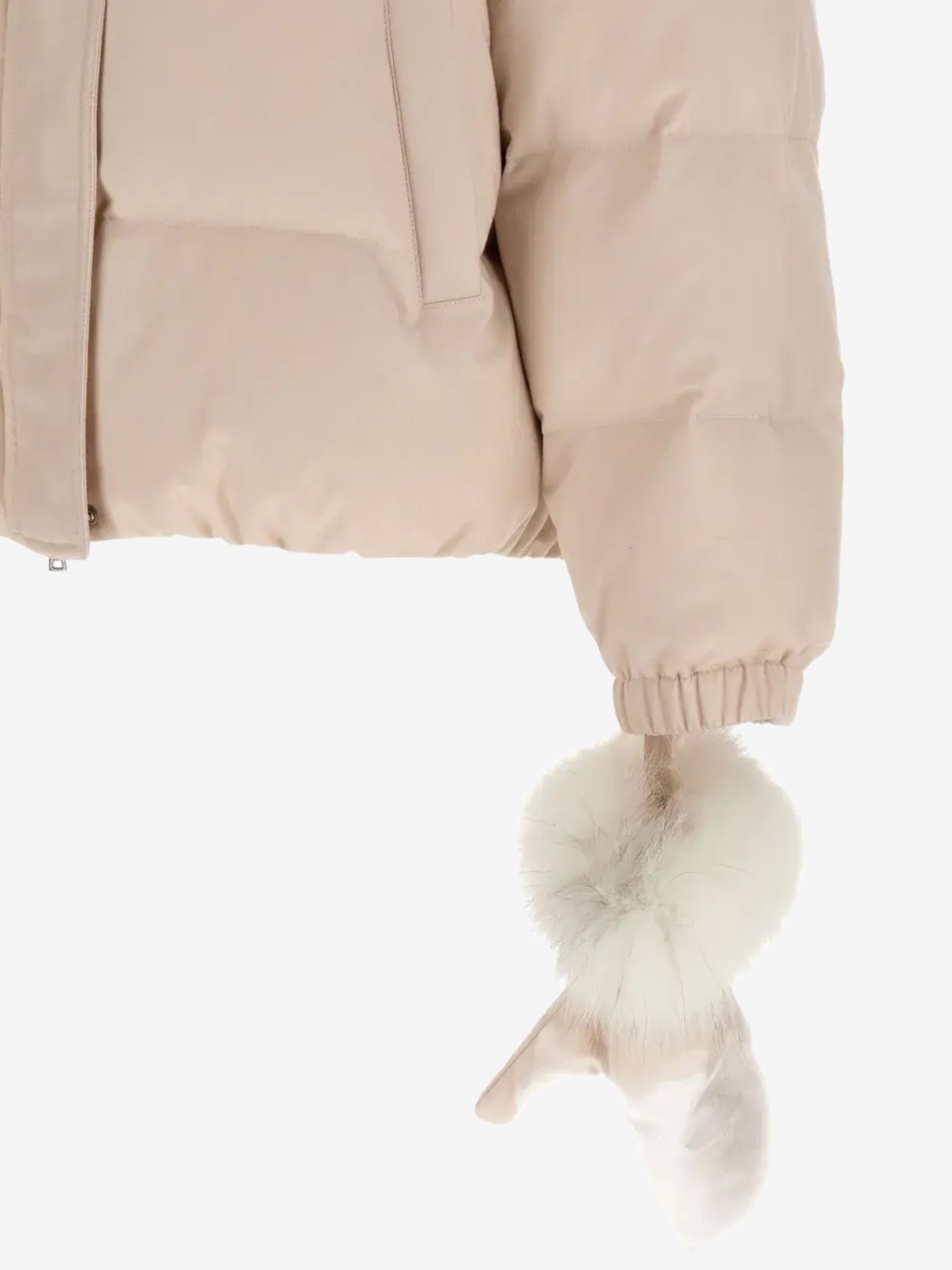 Close up of pink jacket, showing texture of the rabbit fur fabric