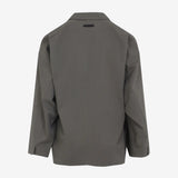 Grey blazer, back view showing straight hemline